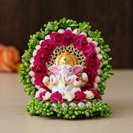 Efinito Polyresin Lord Ganesha Idol on Handcrafted Green Floral Plate, God Idol for Car Dashboard, Home, Office Decor