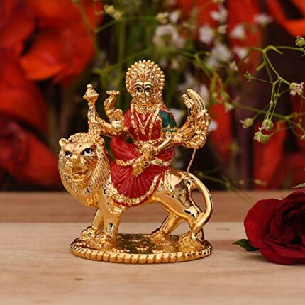 Efinito Gold Plated Goddess Maa Durga Sherawali MATA Idol Statue for Car Dashboard Mandir Pooja Murti Temple Puja Home Office Decor Showpiece Durga.