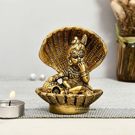 Efinito Handcrafted Seep Shell Krishna Metal Gold Plated Laddu Gopal Ji, Bal Gopal Ji, Thakur Ji Idol, Statue or Murti - Showpiece, Decoration, Diwali Puja or for Gifts