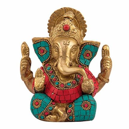 Efinito Brass Ganesh Bhagwan Idol Ganesha Statue Ganpati Murti for Home Entrance Decor Diwali Gift Decorate with Multicolored Stone Height 4.5 Inch (1)