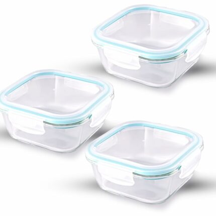 Efinito Glassox Classic Square Lunch Box with Locking Lid Borosilicate Glass Fridge Organizer Food Storage Containers Microwave & Freezer Safe Set of 3 310ML,Transparent