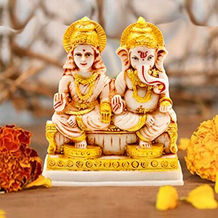 Laxmi Ganesh Idol for Home Decor Mandir Table Desktop Decoration/Sitting Lakshmi Ganesha Murti - 12 cm (Marble, Multicolor)