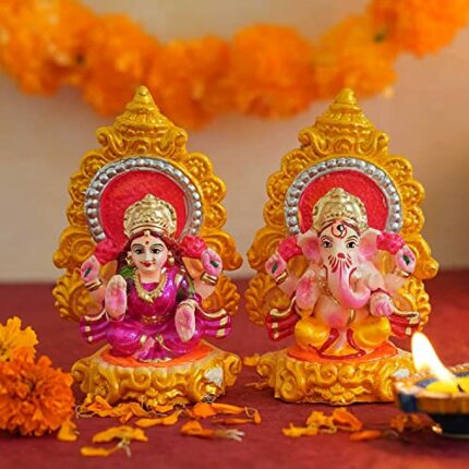 Efinito Lord Laxmi Ganesha Pair (11.4 cm x 7.6 cm) Eco Friendly Murti Mitti Terracotta Clay Idol Statue Showpiece - Diwali Decoration Items for Home Pooja Room Living Room Gifting
