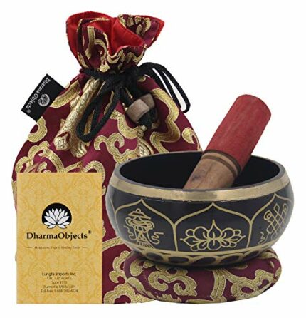 Efinito Medium ~ Tibetan 8 Lucky Symbols Singing Bowl Set ~ With Mallet, Brocade Cushion & Carry Bag ~ For Meditation, Chakra Healing, Prayer, Yoga (Purple)