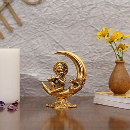 Efinito Baby Krishna Idol Murti Statue for Home Puja Decor - Gold Plated Krishna Idols on Moon Showpiece Decorative Gifts Set (Set of 1)