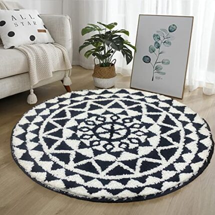 Efinito Persian Round Rug (60x60 cm) Microfibre 2000 GSM Rugs/Carpet for Living Room/Bedroom/Bathroom/Door Mat/Kitchen/Floor Mat (Black & White) Pack of 1