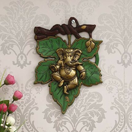 Efinito Dancing Golden Lord Ganesha on Green Leaf Metal Wall Hanging Art Decorative Showpiece for Home Decor Pooja Room Temple & Gift Purpose