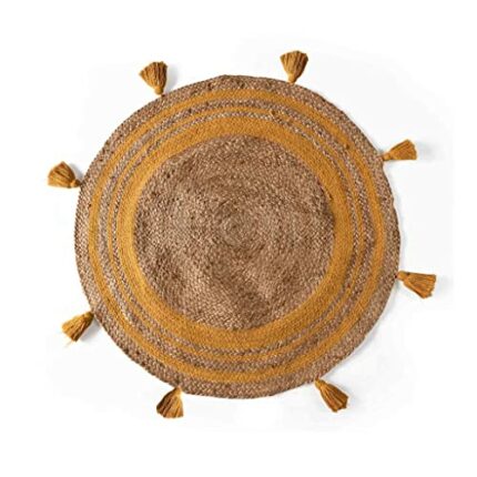 Efinito Handwoven Yellow Round Jute Rugs with Tassels Braided Floor Carpet Mat for Living Room, Bedroom, Dining, Office, Restaurant (80cms Round, Natural & Yellow Print)