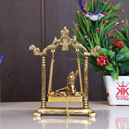 Efinito Laddu Gopal on Jhulla Palana Metal Statue Gold Plated Decor Your Home,Office Metal Krishna Murti,Showpiece Figurines,Religious Idol Gift Article.
