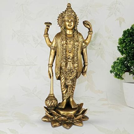 Efinito Brass Astadhatu Lord Bhagwan Vishnu Narayann Idol Holding Club GEfinito on Lotus Statue for Home Decor Mandir Temple Puja Gift Vastu Dosh
