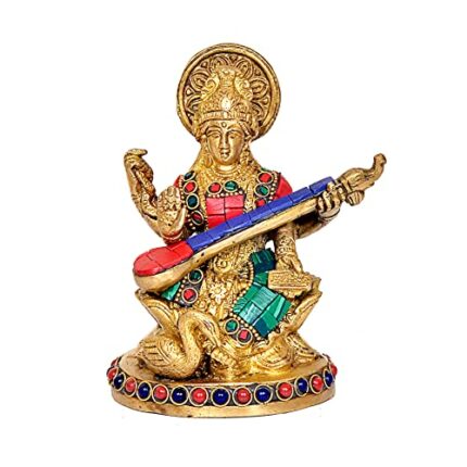 Efinito Maa Saraswati Idol Sitting with Vina/Saraswati MATA Brass Idol for Puja (Height: 5")