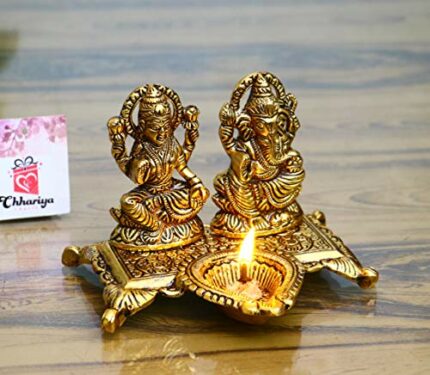 Efinito Lakshmi Ganesha with Diya Statue Idol Murti in Metal Decorative Showpiece - 15 cm (Metal, Gold)