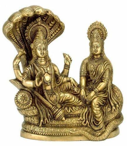 Efinito Brass Idol | Statue of Lord Vishnu Laxmi On Sheshnag | for Home & Office | Gold | Antique | H x L x B - 4 x 3.5 x 2 inches |