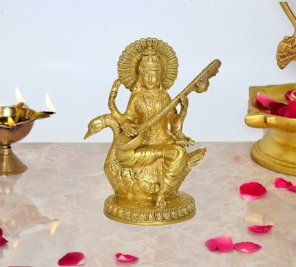 Efinito Brass Saraswati Idol On Swan Murti for Temple Home Decor | Height : 9 Inches (Golden)