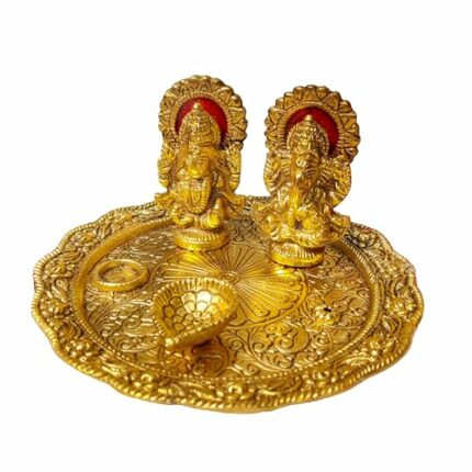 Aluminium Golden Color Plated Laxmi Ganesha Idol with Platter Plate for Puja Diwali Gift Items Deepawali Decorations Indian Dhanteras Pooja Statue Thali(Golden)