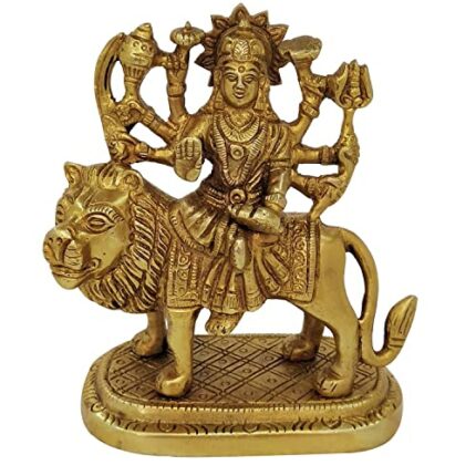 Efinito Metal Brass Statue Idol of Sherawali MATA Murti Brass/Goddess Durga Maa (4.25 x 3.75 x 2) inch, Weight 450 Grams - Golden Color, 1 Piece
