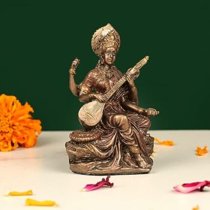 Efinito Resin 3" Saraswati Copper Finish Hindu God Statue Maa Saraswati Idol Figurine Decoration and Pooja Gifting Purpose Sculpture Office House Warming Statue Murti