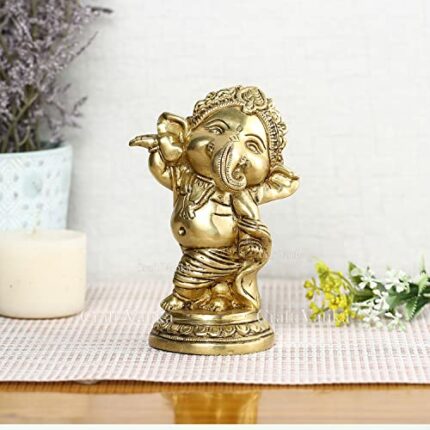Efinito Brass Ganpati Idol Sculpture, 5'' x 3.8'', Golden (Model Number: GBS195)