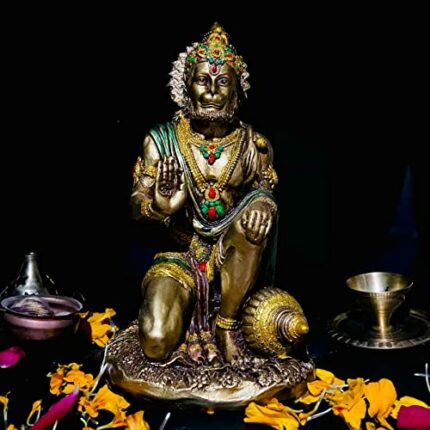 V.S. Efinito Lord Hanuman Statue Metal Finish for Pooja/Puja Mandir Room, Hanuman Ji Murti Sitting Decorative Bajrangbali Showpiece Idol, Home & Office Decor Article, Marriage Gift - Gold (7 x 4 x 4) Inches (MLH01)