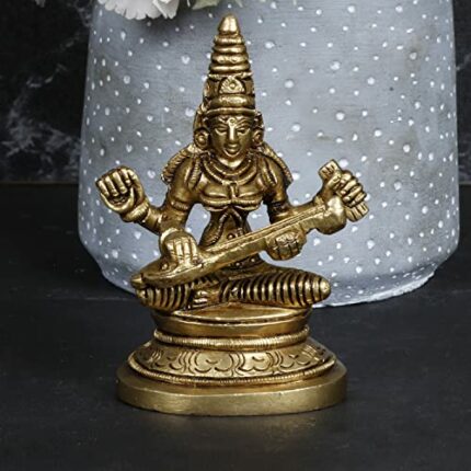 Efinito Brass Maa Saraswati Idol Sitting on Lotus Devi Saraswati Siddhi Murti for Puja Sucess and Home Decor 3.5 Inches