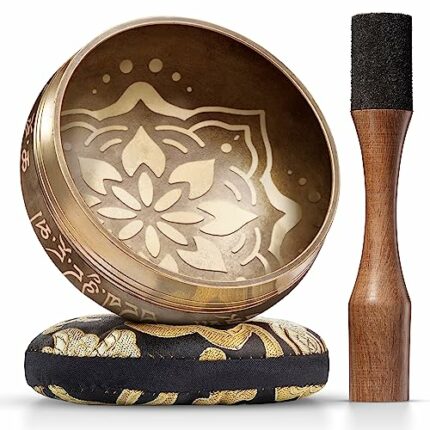 Tibetan Singing Bowl Set ~ Easy to Play with New Dual-End Striker & Cushion ~ Creates Beautiful Sound for Holistic Healing, Meditation & Relaxation ~ Bliss Pattern ~ Matte Gold Bowl with Black Pillow