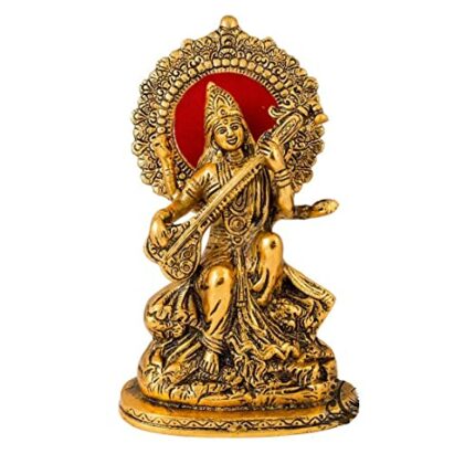 Efinito Gift Gold Plated Saraswati maa Metal Idol, Hindu Goddess sarasvati MATA murti for Pooja basant panchmi, Office, Study