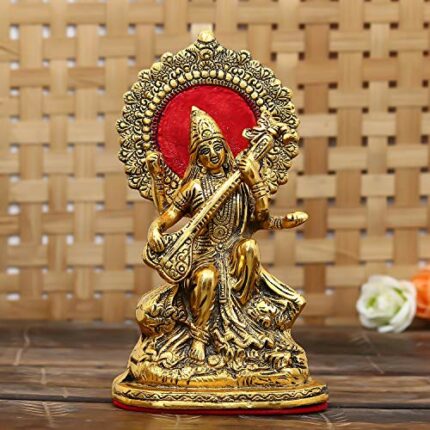 Efinito Premium Gold Plated Saraswati Idol Murti Statue for Home and Pooja Decor| Saraswati Murti for Gift, Brass