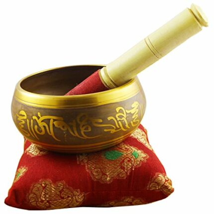 Tibetan Singing Bowl Set Yellow - Om Mani Padme Hum - Includes 6.5" Singing Bowl, Cushion & Mallet - For Healing Meditation Prayer and Yoga