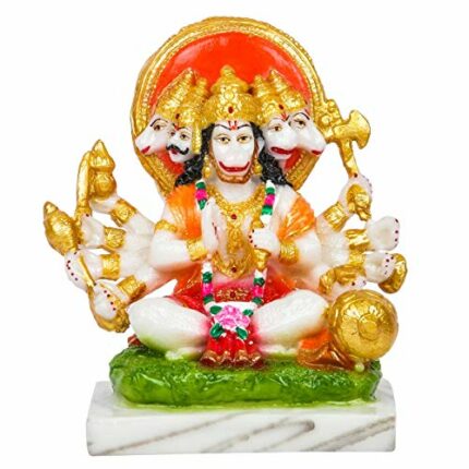 Efinito Handicraft Marble Look Mahavir Hanuman Panch Mukhi 5 Face Sitting Mudra Bajrangbali Idol Statue Spiritual Religious Puja Vastu Fegurine (5.5 inches, Multi Colour)
