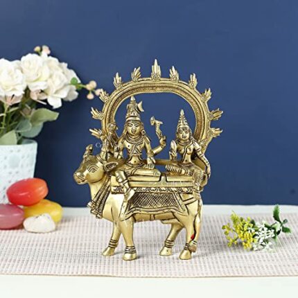 Efinito Brass Shiva Idol God Shiva Parvati Idol Sitting On Nandi Statue Diwali Decor Gifts(Size 7.5 x 5 Inches).