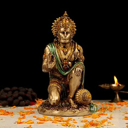 Efinito 7" Hanuman Statue Sitting Metal Finish Idol Decorative Showpiece Handcrafted Hanuman Ji Murti For Home Office And Gifting Purpose Sculpture, Golden, Pack of 1