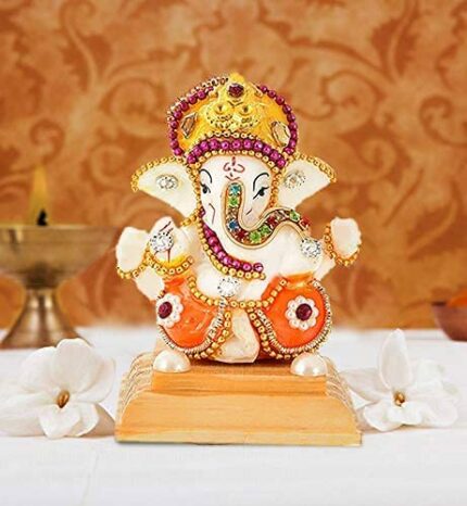 Efinito White Stone (Resin) God Ganesha with Rosewooden Base Car Dashboard Decor Statue | Hindu Idol God Ganesh Ganpati Decor Sculpture | Decorative Gift (Multicolor)