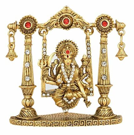 Efinito Goddess Maa Durga Sherawali MATA Idol on Jhula (B-101) Gold Metal Statue for Home D?cor Car Dashboard Mandir Pooja Murti Temple Puja Office Table Showpiece