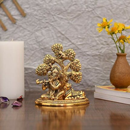 Efinito Metal Krishna Idols with Cow Sitting Showpiece - Flute Playing Krishna Krishan Kamdhenu Idol Showpiece for Pooja Home Decor