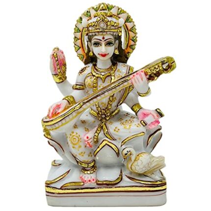 Efinito Marble Dust Goddess Saraswati Idol, 6.50 Inches, 1 Piece (White Gold)