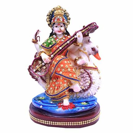 Goddess Maa Saraswati Idol, Saraswati Studydevi Murti Figurine Religious Pooja Gift Items and Murti for Mandir/Temple/Home/Office (Stone Work)(Orange Color)(HXWXL-19CMX12CMX07CM)(Resin)