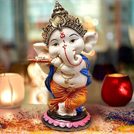 Efinito Playing Flute Ganesh Idol Statue Best for Home & Office Decor (Flute Ganesh)(Resin, Multicolour)