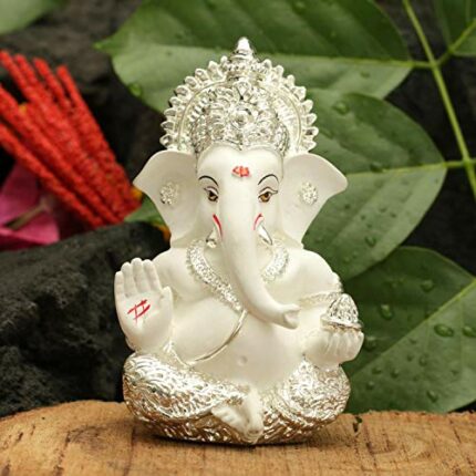 Efinito Ganesha Idol Silver Plated Ganesh for Car Dashboard Statue Ganpati Figurine Luck & Success Diwali Gifts Home Decor (Size: 3.5 x 2 inches)
