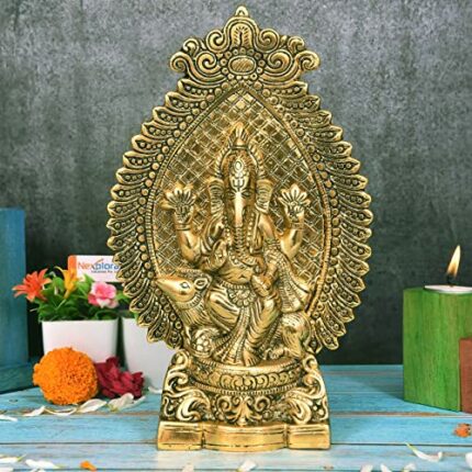 Efinito Metal Ganesh Idol Ganpati Sitting On Mouse Statue, Height 27 cm, Gold Antique, 1 Piece