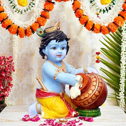 Efinito Hand Carved Baby Krishna Resin Sculpture Lord Krishna Makhan Chor Idol,7X 5 Inch (Blue)