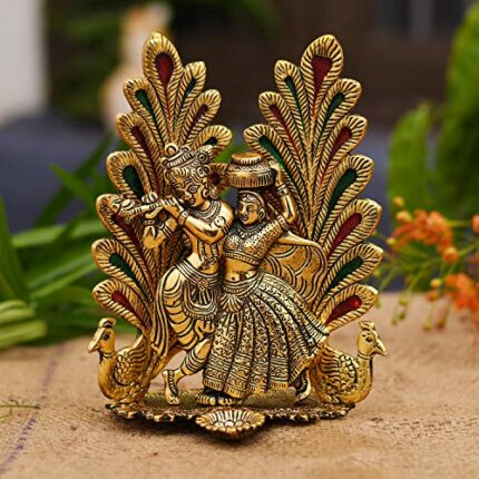 Efinito Peacock Design Radha Krishna Idol Showpiece with Diya for Puja and Home Decor (8 x 6 Inches), Metal, Gold (1 Piece)