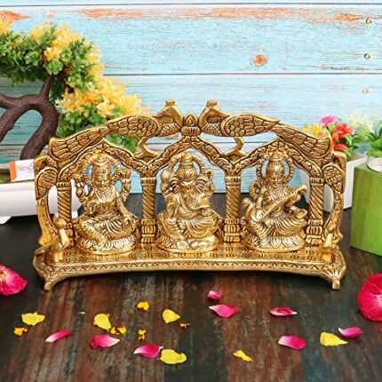 Efinito Metal Laxmi Ganesh Saraswati Idol, 28 cm Tall, Gold Antique, 1 Piece