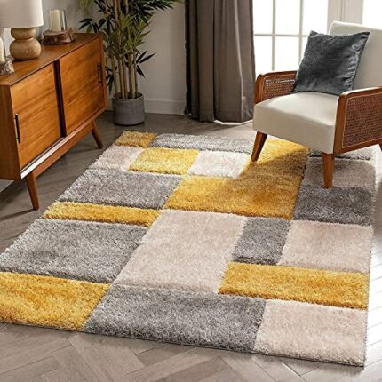 Efinito Handwoven 3D Carved Super Soft Collection Modern Area Rug, Carpet 4x6 feet Yellow Grey, Rectangular
