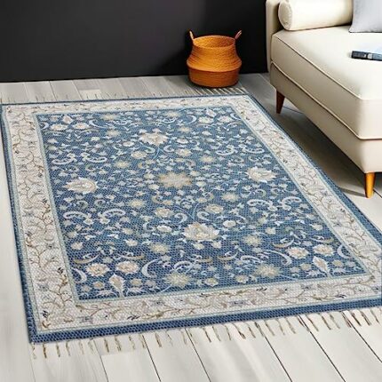 Efinito Handmade Printed Chindi Floor Dhurrie/Rugs/Carpet for Living Room/Bedroom/Drawing Room/Hall Home Decor (5 feet x 7 feet, Blue)