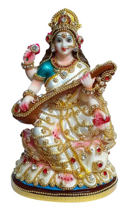 Efinito Saraswati Ji Murti | Goddess Saraswati Idol | Maa Sharda Murti | Maa Saraswati with decoration Decorative Showpiece & Idol (Pearl Colour). (H x W x D: 15cm X 10 cm X 5 cm),Resin