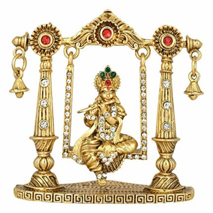 Efinito Lord Krishna Idol on Jhula Bansuri Krishna Idol (B-100) Gold Metal Statue for Home D?cor Car Dashboard Mandir Pooja Murti Temple Puja Office Table Showpiece
