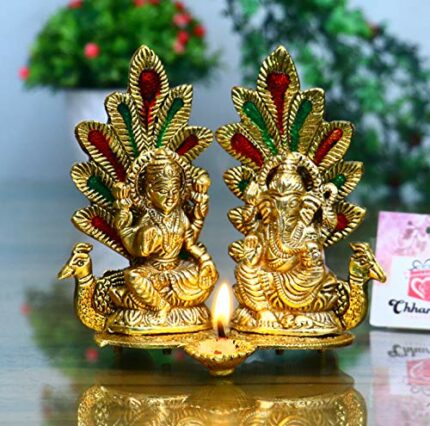 Efinito Laxmi Ganesh Idol Statue with Diya Peacock Design Decorative Showpiece - 14 cm (Metal, Gold) (Laxmi Ganesh Gold)