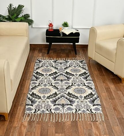 Efinito Grey Flower Chindi Printed Handmade Dhurrie Rugs Carpet for Living Room Drawing Room Decor for Bedroom Multicolour - (3 x 5 Feet)