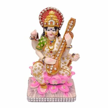 God054-Goddess Maa Saraswati Idol, Saraswati Murti Figurine Religious Pooja Gift Items and Murti for Mandir/Temple/Home/Office (LXWXH-08CMX10CMX18CM)(POLYRESIN)(Stone Work)(White Color)