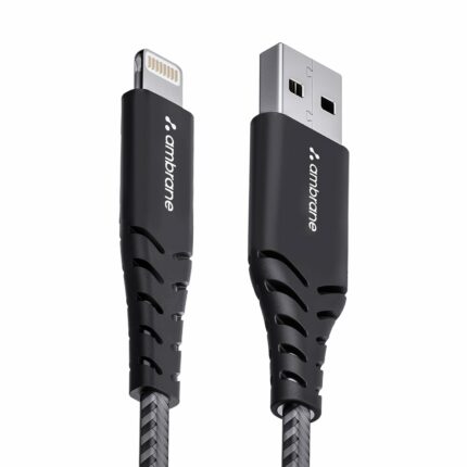 Ambrane USB to Lightning 3A Fast Charging Braided Fast Charging Cable Compatible for iPhone 14,13, 12,11, X, 8, 7, 6, 5, iPad, Macbook, iMac, AirPods, 480Mbps Data Sync, 1.5Meter Long (RCL -15, Black)